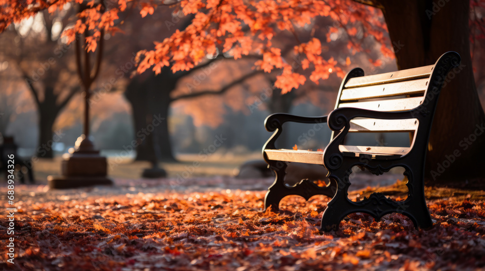 Wooden bench in autumn park with fallen leaves. Empty bench in autumn landscape with fallen leaves.
