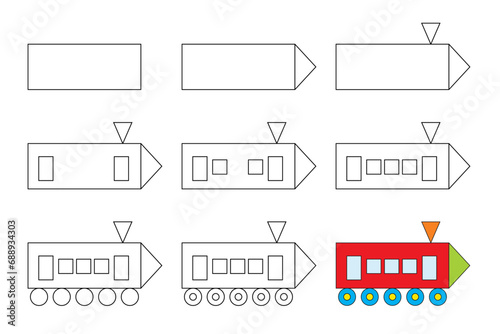Worksheet easy guide to drawing cartoon locomotive. Simple step-by-step drawing tutorial for kids.