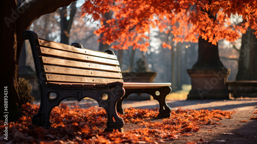 Wooden bench in autumn park with fallen leaves. Empty bench in autumn landscape with fallen leaves. 