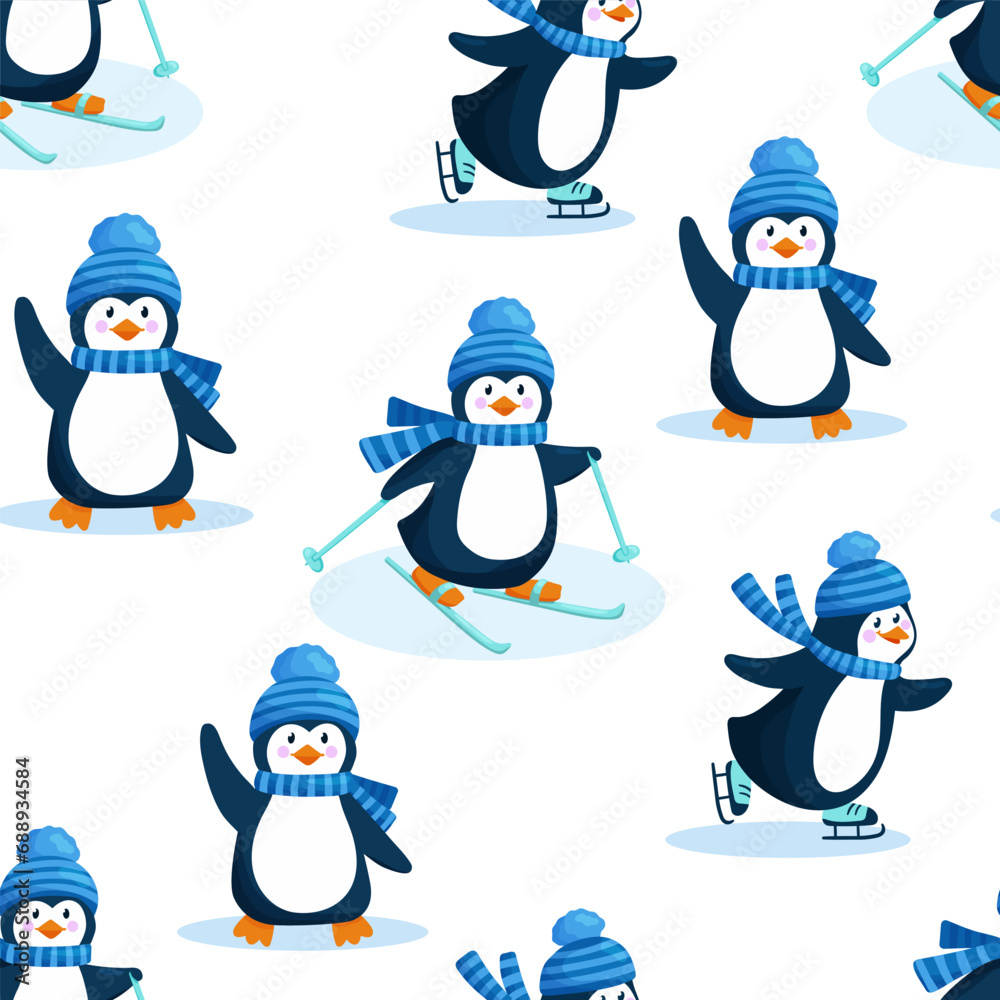 Seamless vector pattern with cute penguin in hat and scarf in winter. Endless pattern for textiles or fabric for newborns. Penguin on skates and skiing