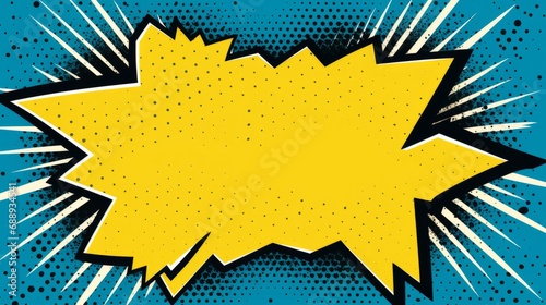 dynamic handmade paper cutout pop art comic background with speech bubble in yellow and blue colors - black friday or cyber concept photo