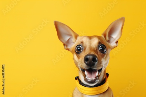 active Surprised dog face Yellow bright background. Emotional pet muzzle with open mouth screaming shouting laughing. horizontal banner © Yulia