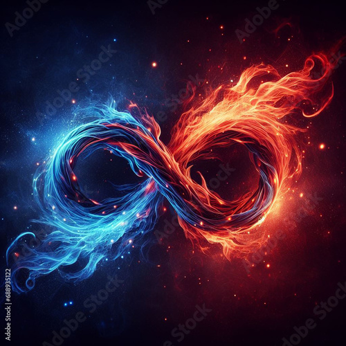 Flaming infinity sign. Esoteric concept of spiritual love. Twin flame logo. Illustration on black background for web sites, wallpapers and much more. Created using generative ai tools photo