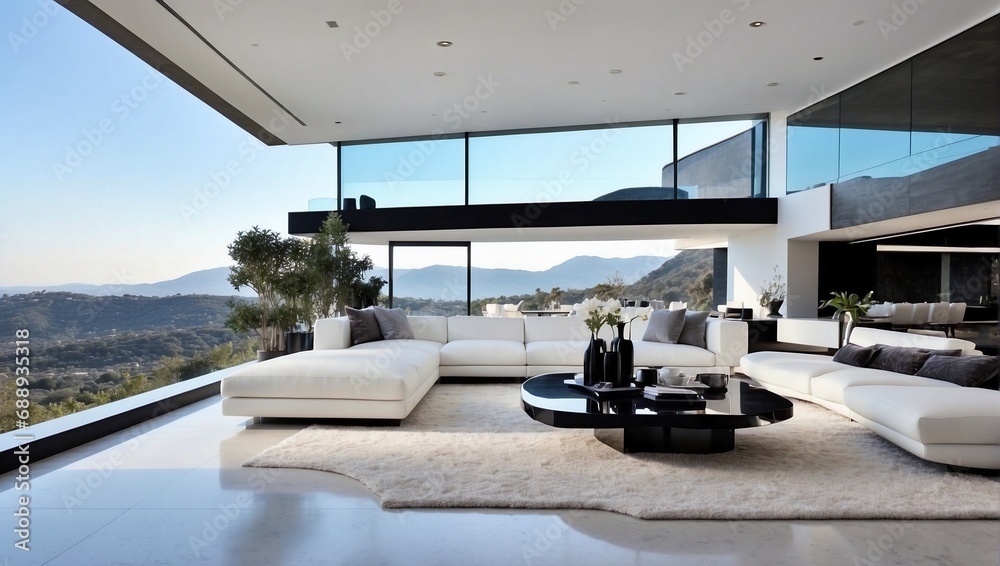 Fototapeta premium Aesthetic Bliss: Minimalist Living Room with Floor-to-Ceiling Window Views. Generative AI