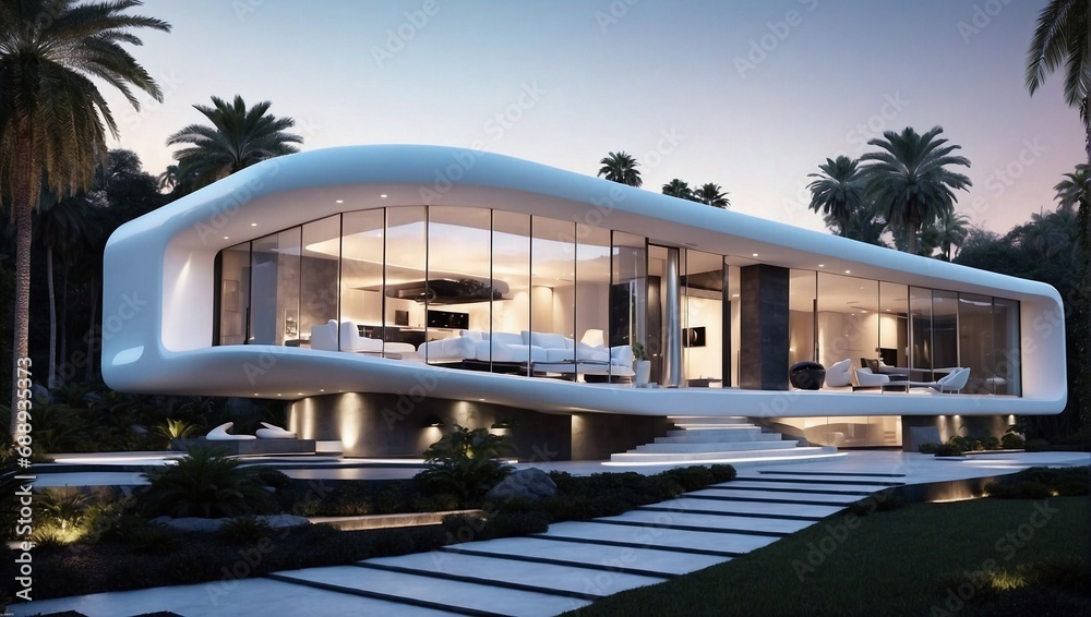 Fototapeta premium Futuristic Elegance: A Modern Curved House with Glass Windows and Minimalist Design. Generative AI