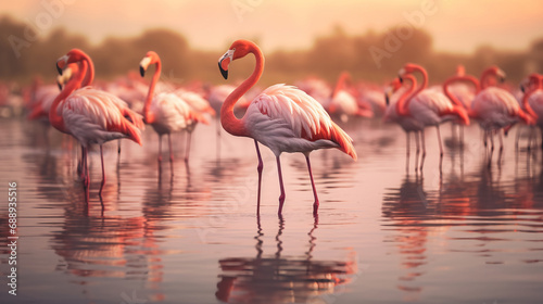 Flamingo birds standing in a lake  AI Generative.