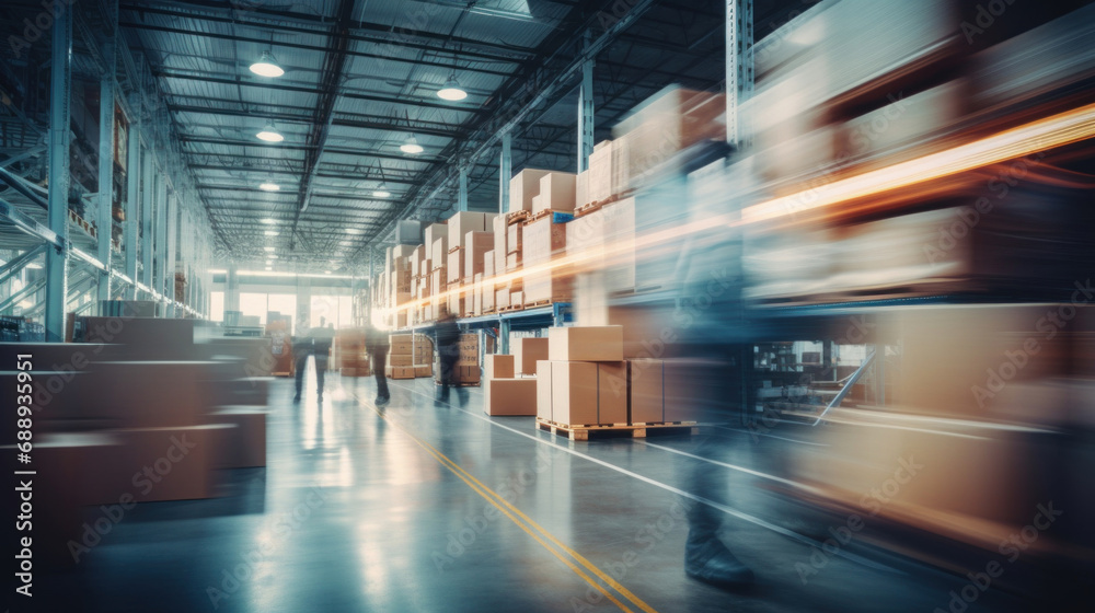 Forklift in warehouse. Blurred image of freight transportation and distribution warehouse. Forklift in warehouse. Blurred image of freight transportation and distribution warehouse.