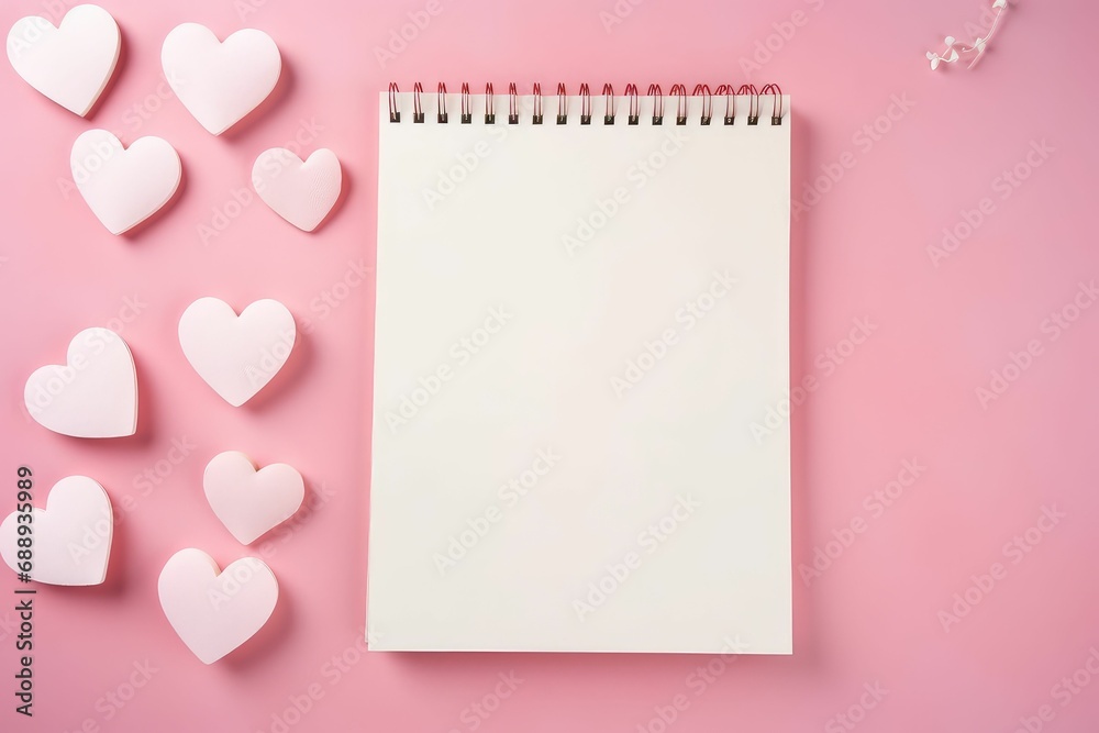 Blank diary paper note valentine decoration Background for congratulations on Valentine's Day with a red heart and a notepad Blank diary paper note valentine decoration Background for congratulations on Valentine's Day with a red heart and a notepad
