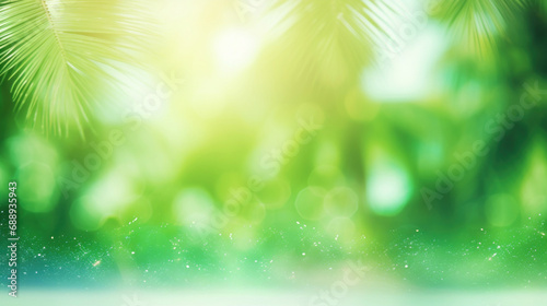 Blur tropical palm leaf with bokeh sun light abstract background.