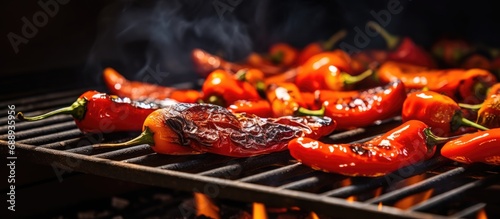 Roasting Anaheim chili peppers over charcoal grill.