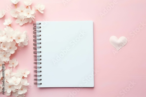Blank diary paper note valentine decoration	Background for congratulations on Valentine's Day with a red heart and a notepad  photo