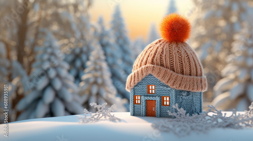 A winter house in the forest with an orange hat