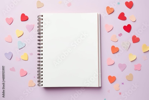 Blank diary paper note valentine decoration Background for congratulations on Valentine's Day with a red heart and a notepad 