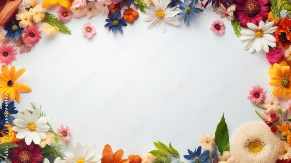 Frame made of colorful flowers on white background. Flat lay, top view Frame made of colorful flowers on white background. Flat lay, top view