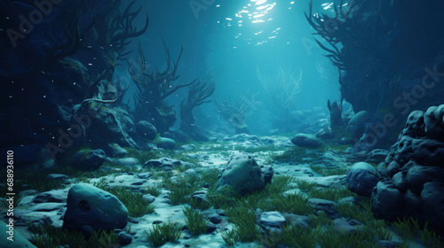 Underwater scene with corals and algae.