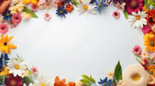 Frame made of colorful flowers on white background. Flat lay  top view