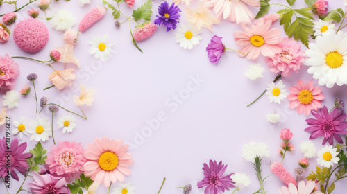 Flowers composition. Frame made of colorful flowers on pastel purple background. Flat lay, top view, copy space