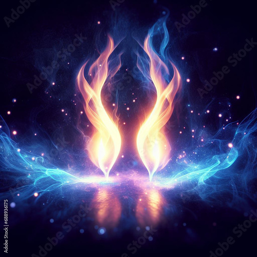 Orange and blue flame. Twin flame logo. Esoteric concept of spiritual love. Illustration on black background for web sites, wallpapers, and much more. Created using generative ai tools
