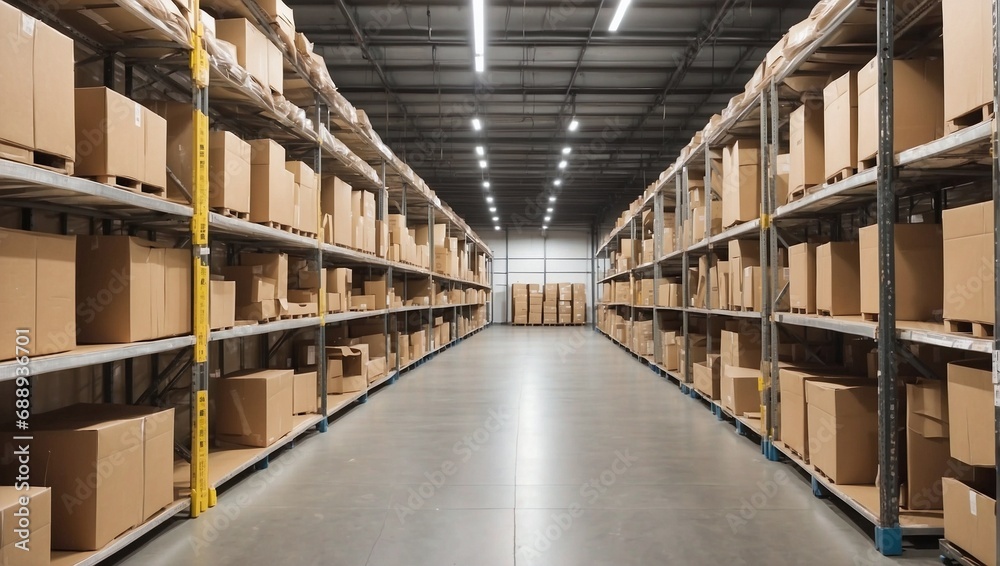 Rows of shelves with boxes in modern warehouse. Generative AI. Rows of shelves with boxes in modern warehouse. Generative AI.