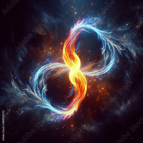 Flaming infinity sign. Esoteric concept of spiritual love. Twin flame logo. Illustration on black background for web sites, wallpapers and much more. Created using generative ai tools