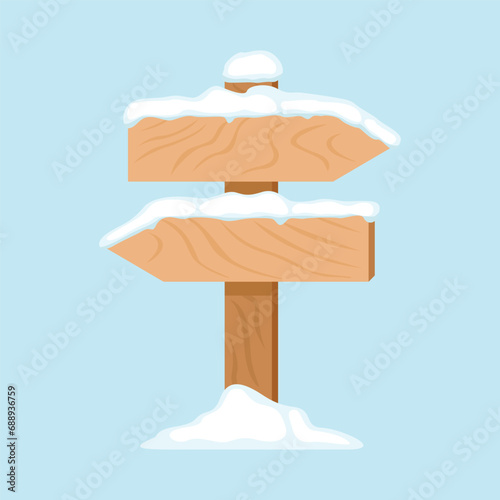 Wooden signpost arrow in snow isolated on blue background. Road sign direction two ways. Vector illustration winter illustration. Cartoon flat icon.