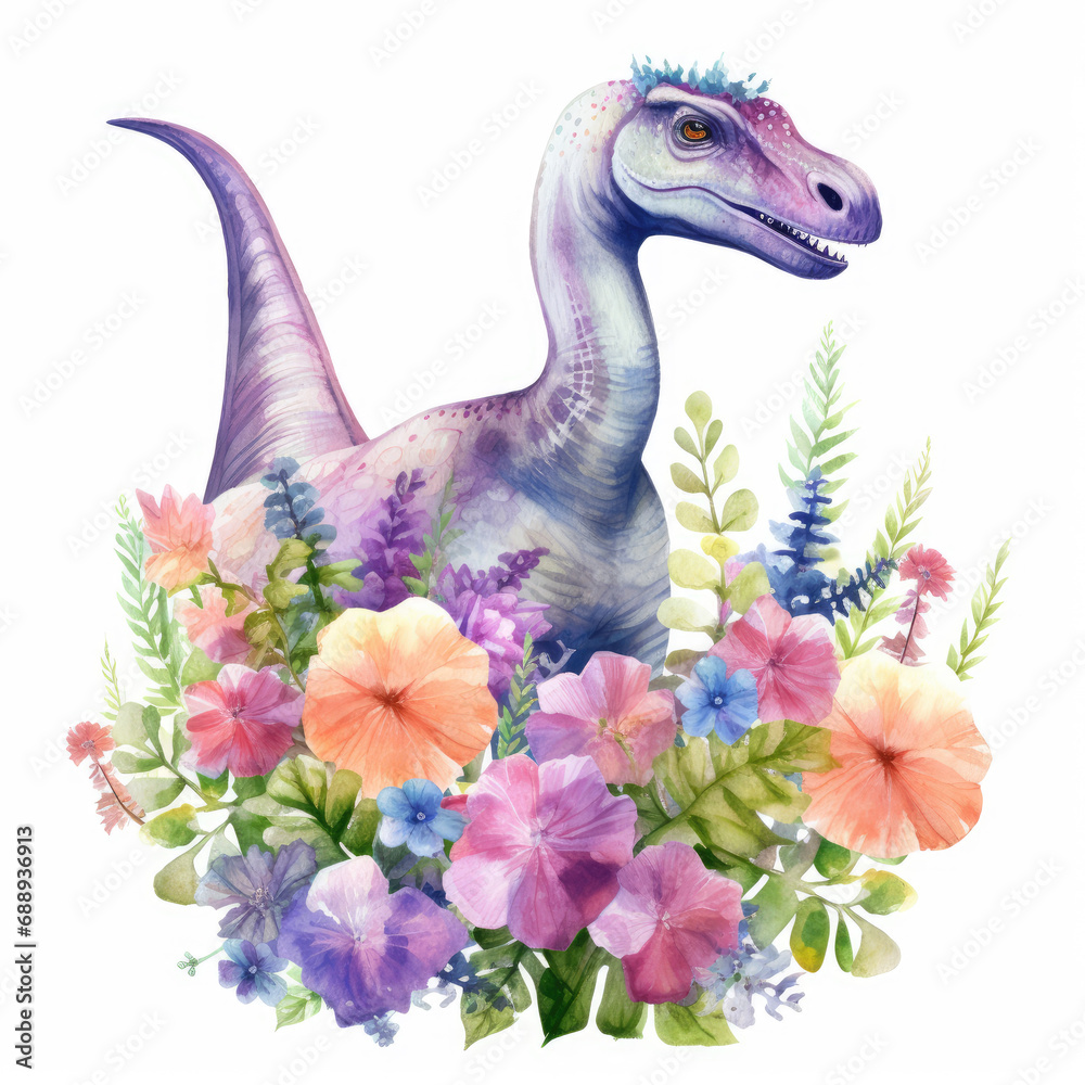 Obraz premium Diplodocus and flower Illustration, Generative Ai