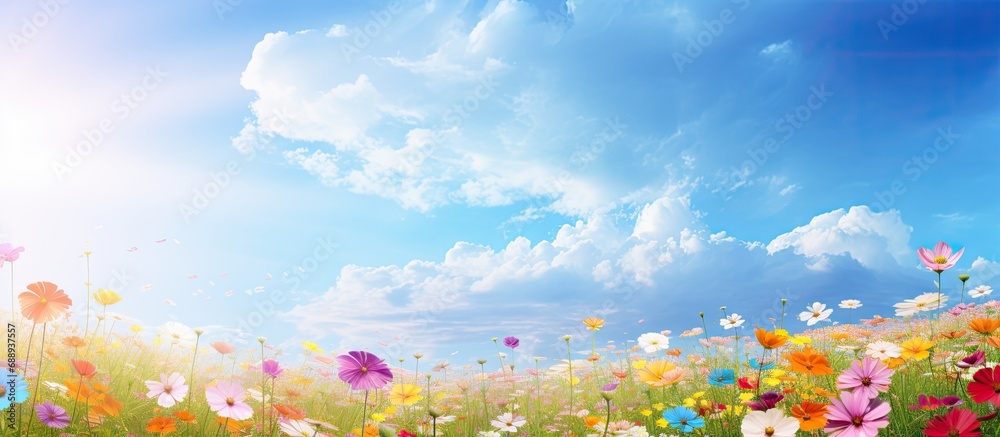 The colorful flowers and lush greenery beneath the sunny sky look stunning.