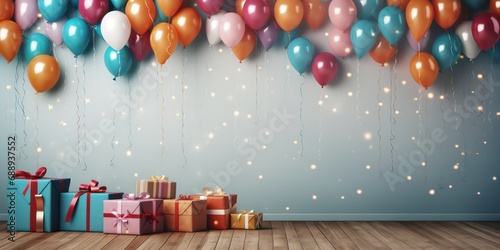 A vibrant and lively wall, bedecked with an assortment of beautifully wrapped gift boxes donning ribbons and bows, accompanied by an exuberant multitude of colorful air balloons. photo