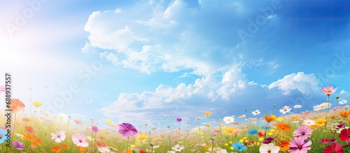 The colorful flowers and lush greenery beneath the sunny sky look stunning.