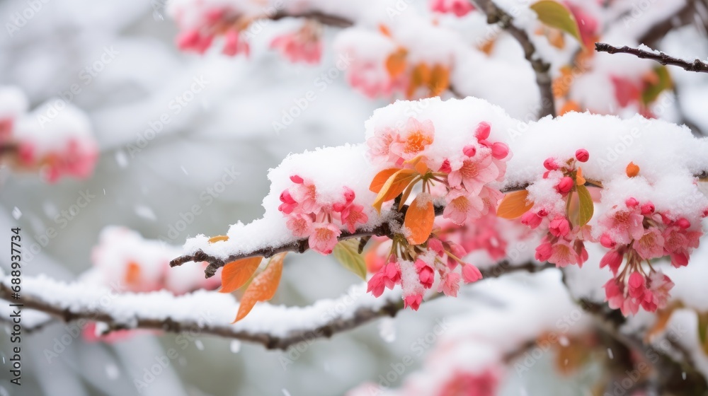 A branch with pink flowers covered in white snow