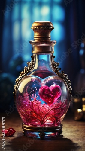 Perfume bottle decorated with flowers and hearts. Valentine's day concept. Generative AI