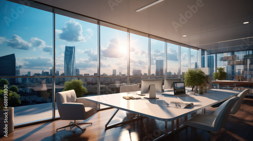 Beautiful room of a light modern office interior with panoramic windows and beautiful lighting.