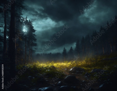 dark fantasy forest by night  dark stormy clouds  photo realistic