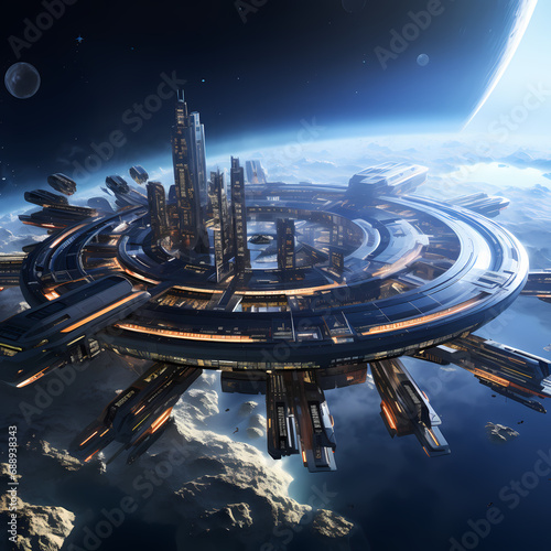 A futuristic space station with spaceships docking.