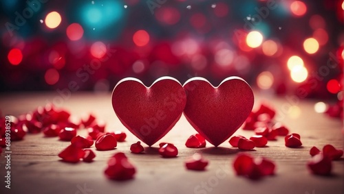 Red hearts on a background with bokeh style lights. Valentine s Day. Generative AI.