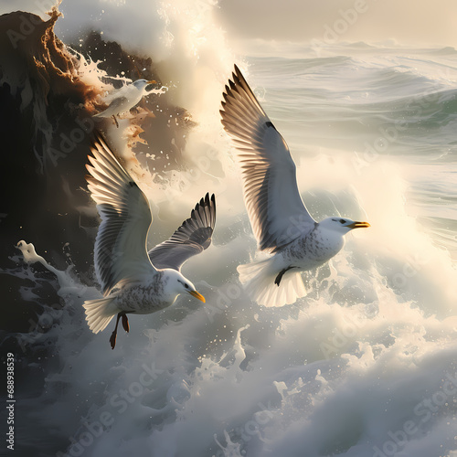 A group of seagulls soaring over crashing waves. © Cao