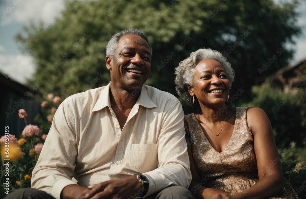 Cheerful Elderly Black African American Couple Finding Happiness Together in Their Beautiful Garden Full of Nature's Delights Generative AI Cheerful Elderly Black African American Couple Finding Happiness Together in Their Beautiful Garden Full of Nature's Delights Generative AI