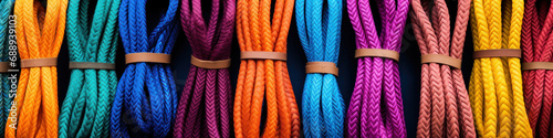 Multicolored climbing ropes for climbing in window of climbing equipment store photo