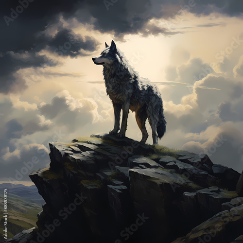 A lone wolf on a rocky hillside. © Cao