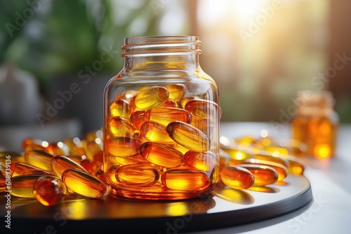Glass bottle with softgels and Omega-3 capsules lying on a white background. Caustics light, sunlight. Fish oil pills. Medical support and treatment. Biologically active additives. Copy spase. Banne