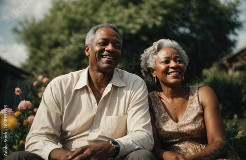 Cheerful Elderly Black African American Couple Finding Happiness Together in Their Beautiful Garden Full of Nature's Delights Generative AI