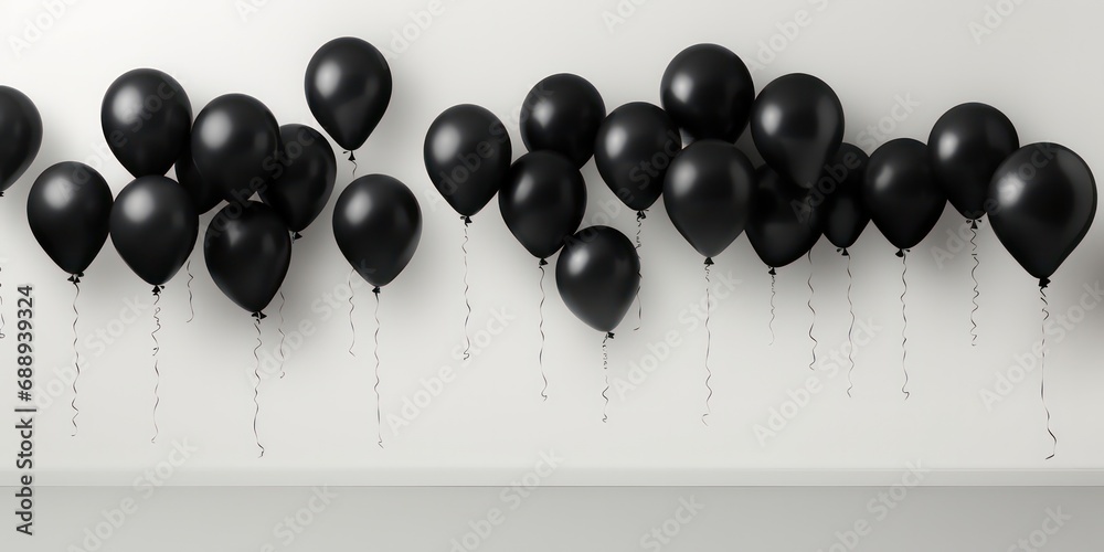 Set against a stark empty space, black balloons elegantly float, creating a captivating visual ideal for holiday shopping sales designs or mockups. Set against a stark empty space, black balloons elegantly float, creating a captivating visual ideal for holiday shopping sales designs or mockups.
