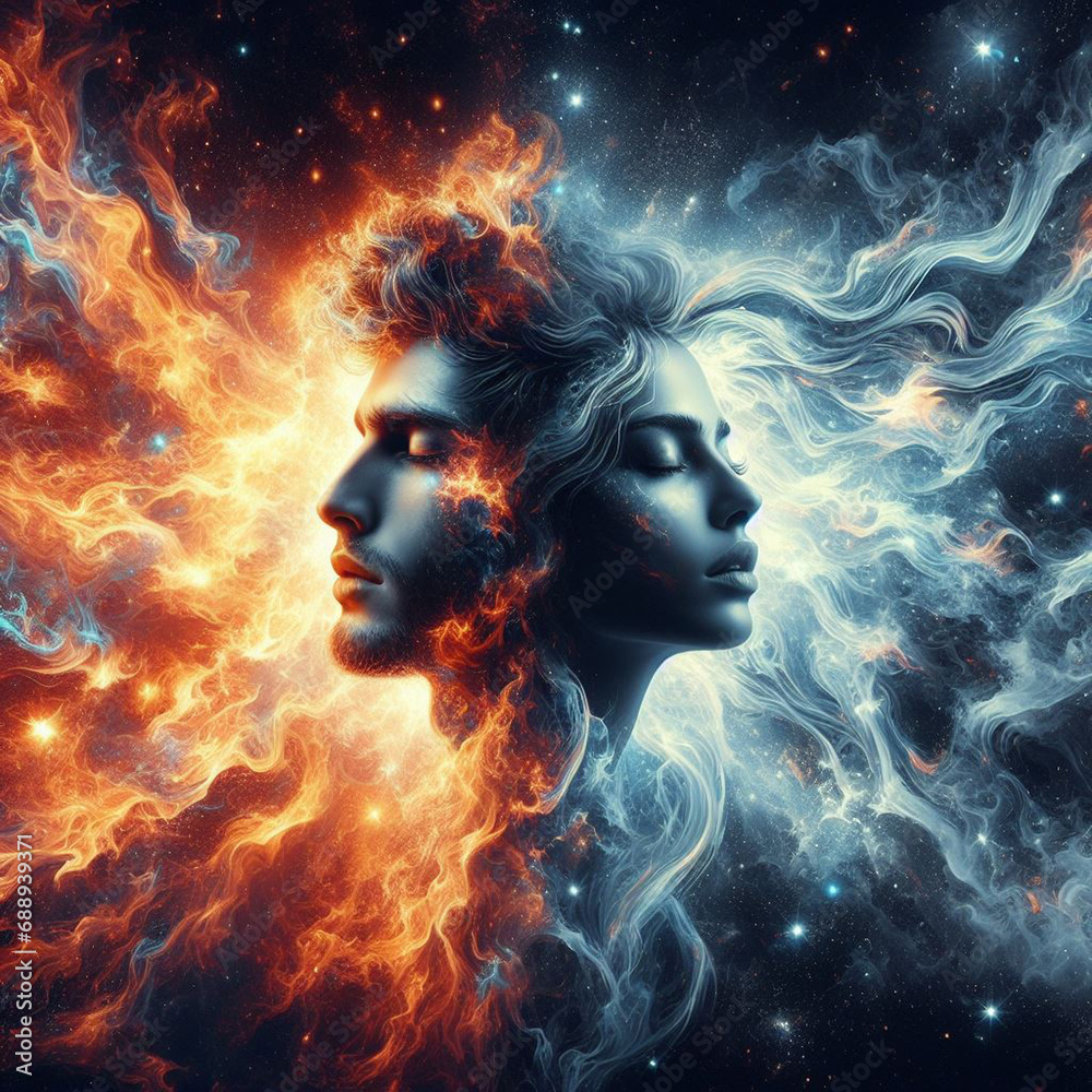Twin flame couple. Soulmates. The concept of magical, esoteric, tantric, spiritual love. Connection between souls. Illustration for websites and much more. Created using generative ai tools - obrazy, fototapety, plakaty 