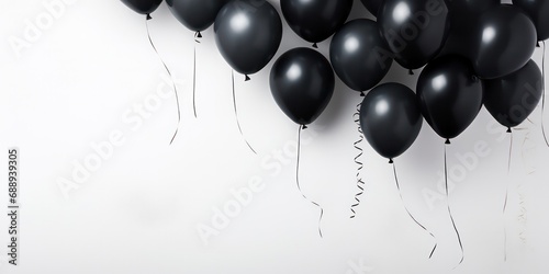 Set against a stark empty space, black balloons elegantly float, creating a captivating visual ideal for holiday shopping sales designs or mockups.