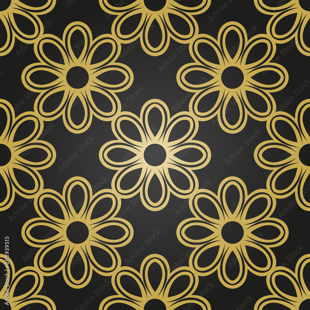 Floral black and golden ornament. Seamless abstract classic background with flowers. Pattern with repeating floral elements. Ornament for wallpaper and packaging
