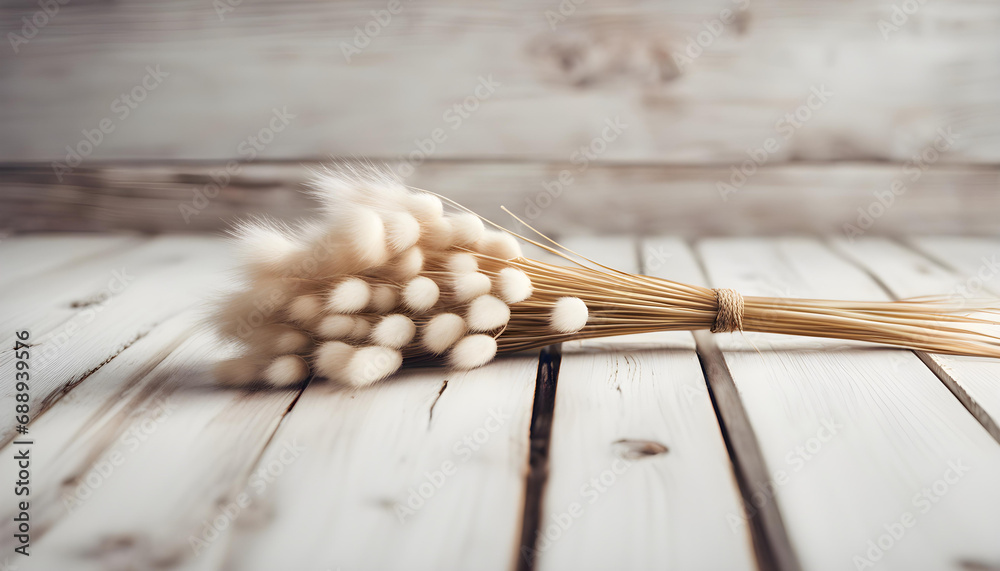 Cute dried bunny tail grass on white wooden plank floor vintage style. - obrazy, fototapety, plakaty 