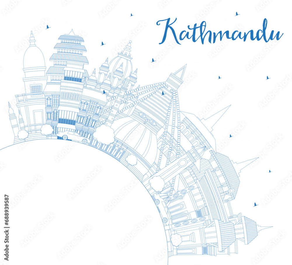 Outline Kathmandu Nepal City Skyline with Blue Buildings and Copy Space. Kathmandu Cityscape with Landmarks. Business Travel and Tourism Concept with Historic Architecture.