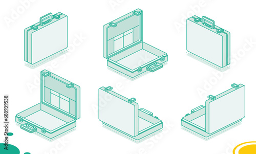 Open and closed briefcase with handle on white background. Isolated isometric object.