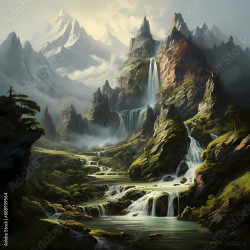 A mountainous landscape with a cascading waterfall.