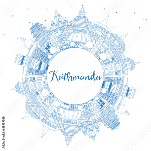 Outline Kathmandu Nepal City Skyline with Blue Buildings and Copy Space. Kathmandu Cityscape with Landmarks. Business Travel and Tourism Concept with Historic Architecture.